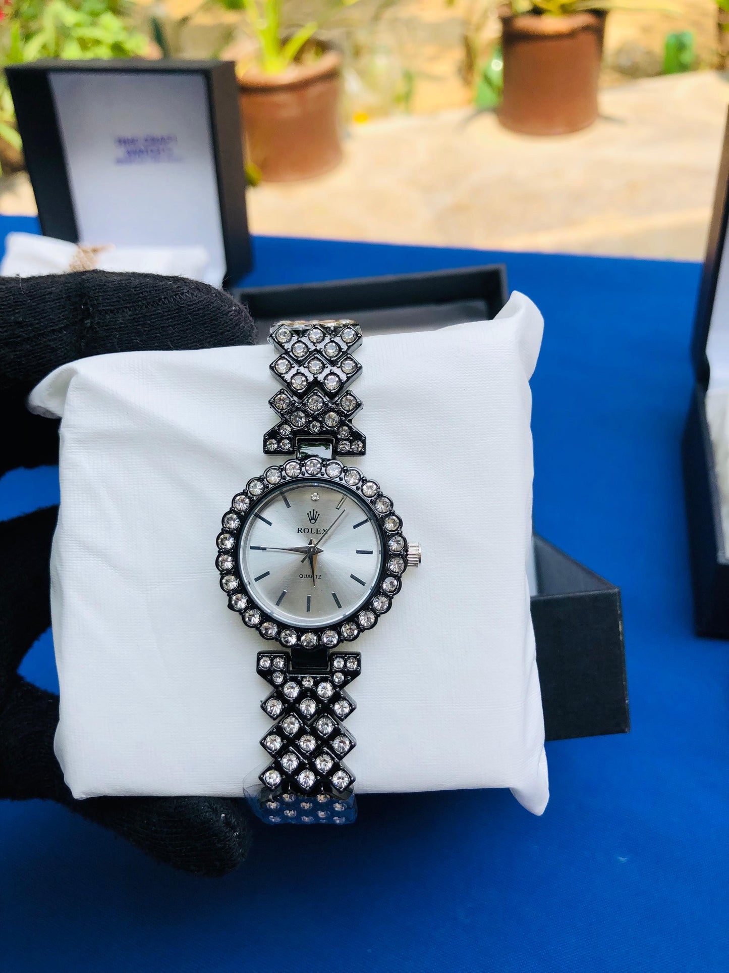 Elegant Ladies’ Black Strap Watch with White Dial & Diamond Accents