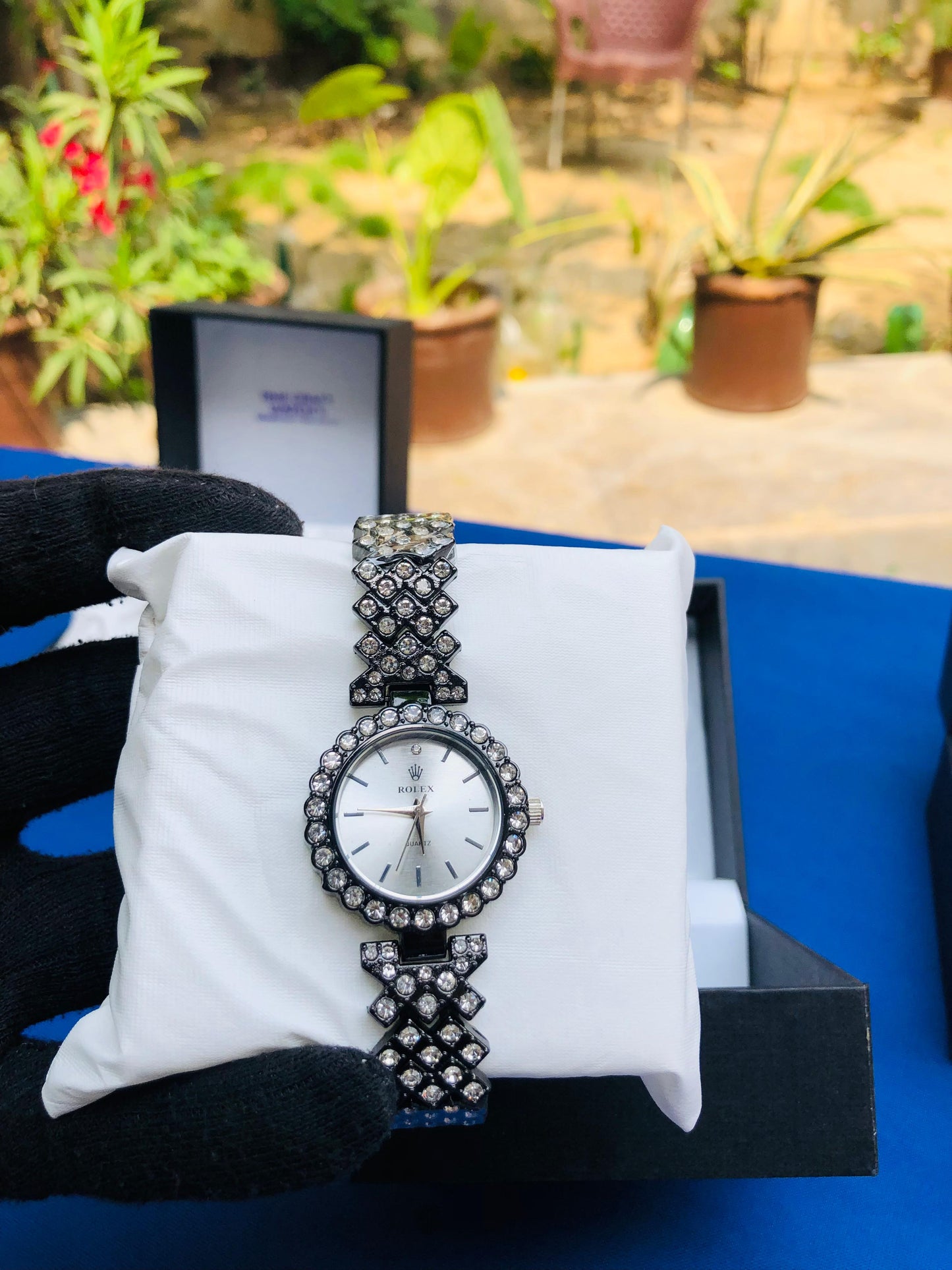 Elegant Ladies’ Black Strap Watch with White Dial & Diamond Accents
