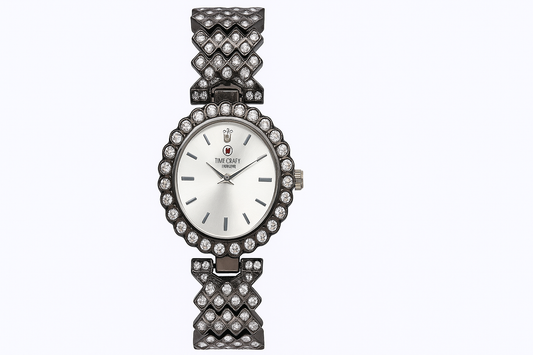 Elegant Ladies’ Black Strap Watch with White Dial & Diamond Accents