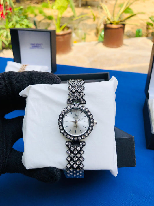 Elegant Ladies’ Black Strap Watch with White Dial & Diamond Accents