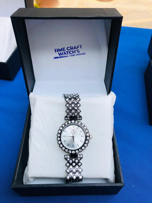 Elegant Ladies’ Black Strap Watch with White Dial & Diamond Accents